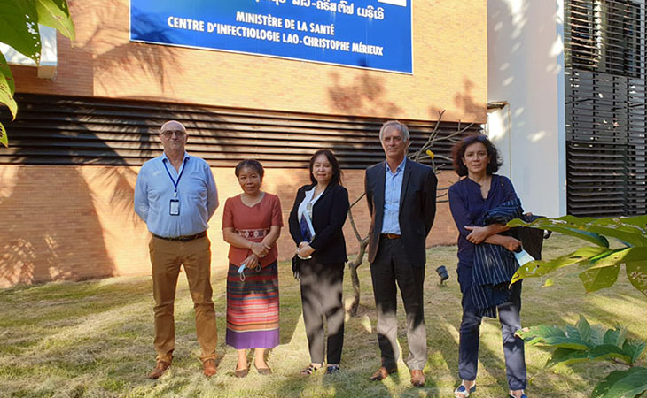 From left to right: Dr. Jean-Pierre Lombart, Project Manager at the Mérieux Foundation, Dr. Phimpha Paboriboune, Scientific Director at the Centre of Infectiology Lao Christophe Mérieux, Siv-Leng Chhuor, French Ambassador to Lao PDR, Dr. Benoît Chevalier, Representative of the Mérieux Foundation and Marie-Christine Charlieu, Cooperation Attaché at the French Embassy